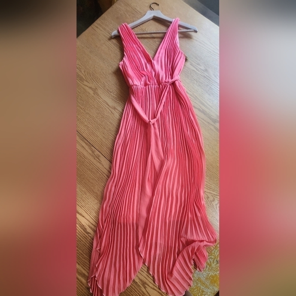 Coral Pleated V-Neck Maxi Dress